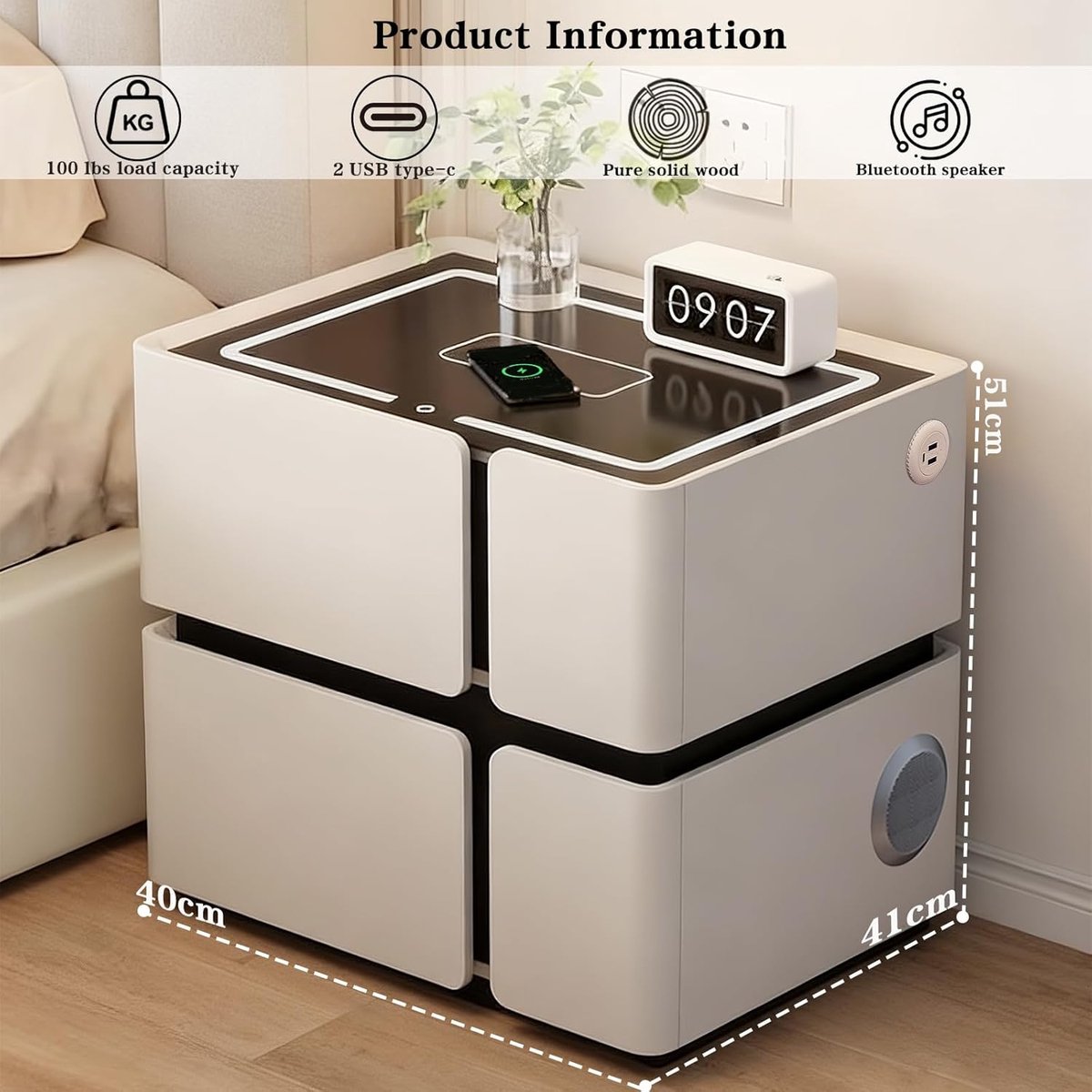 Nachtkastje met LED Verlichting & Draadloos Opladen + Bluetooth Speaker, Smart Bijzettafel met Bewegingssensor, 2 Laden, 2x USB & Type-C Oplaadpoort, 42x51x48 cm – Mobili Bella