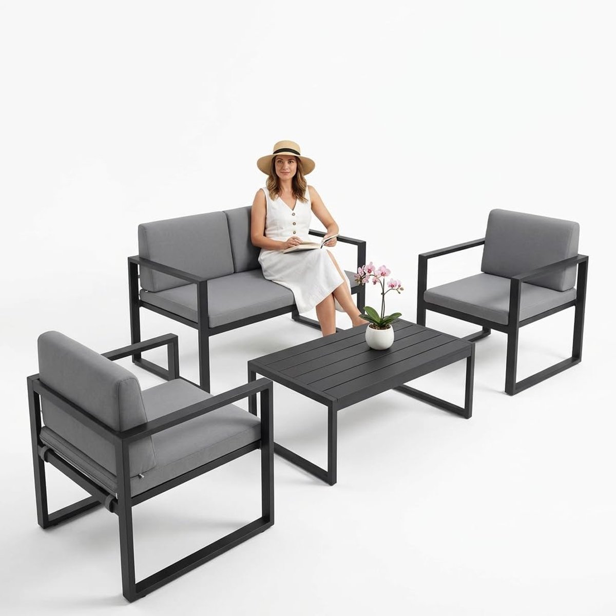 Milano Prestige Aluminium Loungeset met Verstelbare Modules en Luxe Waterafstotende Kussens – Weerbestendige Tuinset voor Terras, Tuin en Veranda