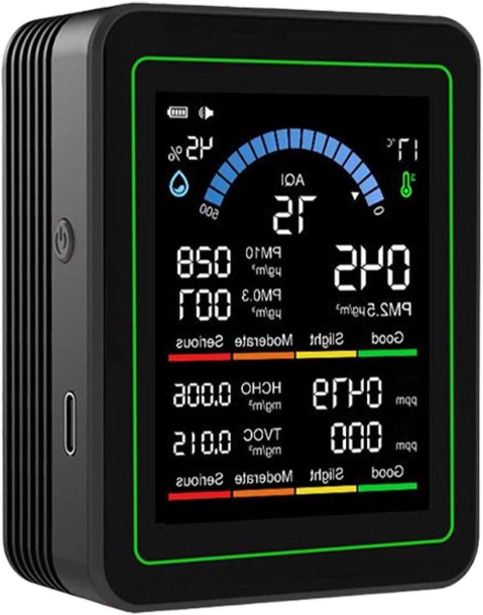 Luchtkwaliteit Monitor - Lucht Tester - Gezond Binnenklimaat - Meet PM2.5 en Formaldehyde - 4.8 x 9.8 cm - Zwart