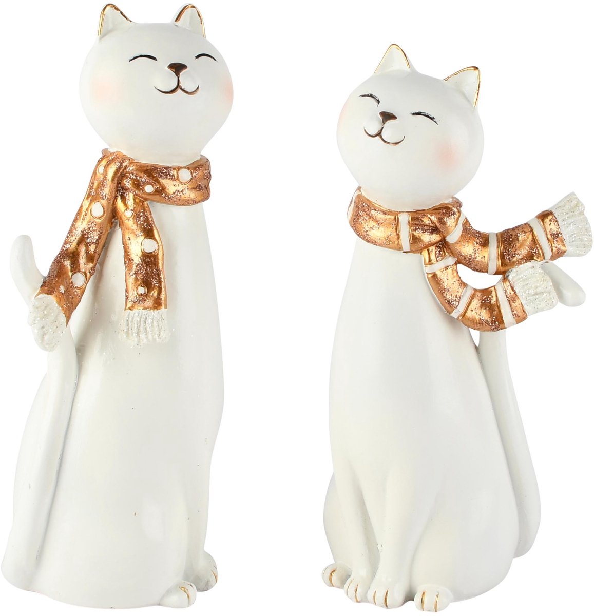 Dekoratief | Deco poes staand m/sjaal, wit/goud, resina, 8x7x20cm, set van 2 stuks | A265888