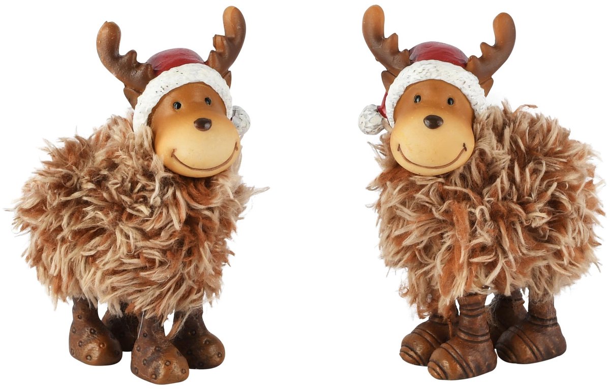 Dekoratief | Rendier m/kerstmuts, bruin/rood, resina, 6x4x10cm, set van 2 stuks | A265944