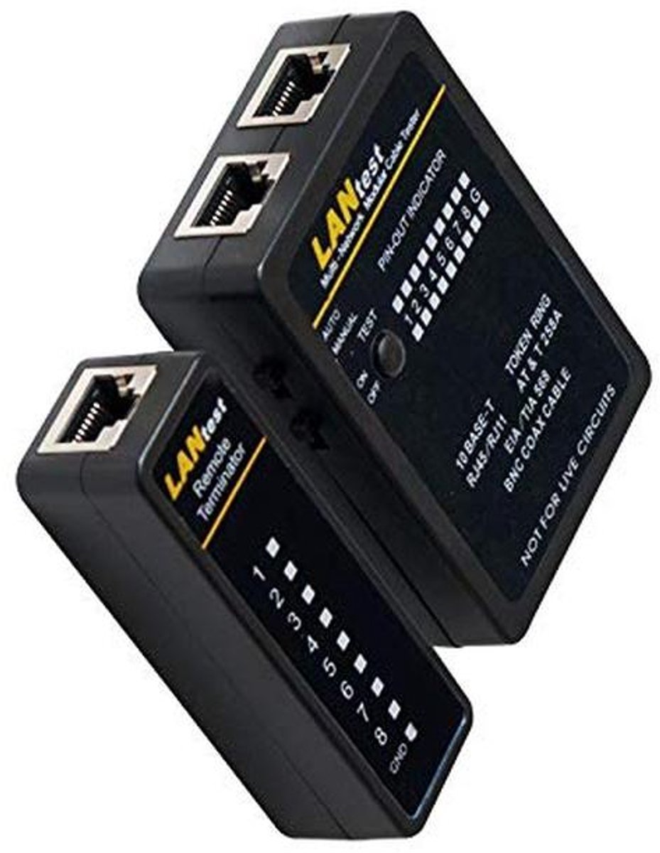 Kabeltester RJ45 / RJ11 RJ12 BNC met remote unit, netwerktester, kabeltester, LAN, ISDN, DSL, CAT 5/6/7 patchkabel, ethernet netwerkkabeltester