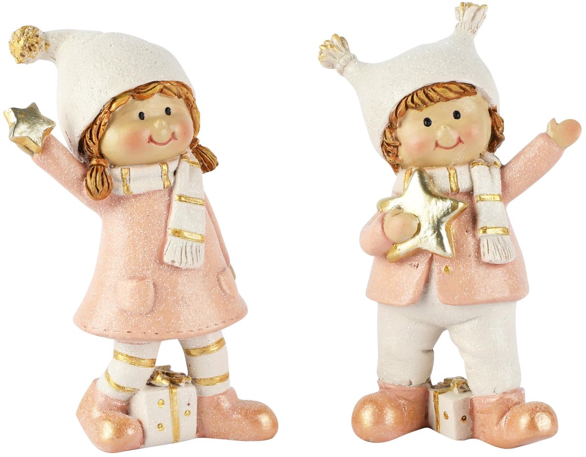 Dekoratief | Winterkindje staand m/cadeautje/ster, roze, resina, 6x4x13cm, set van 2 stuks | A265128