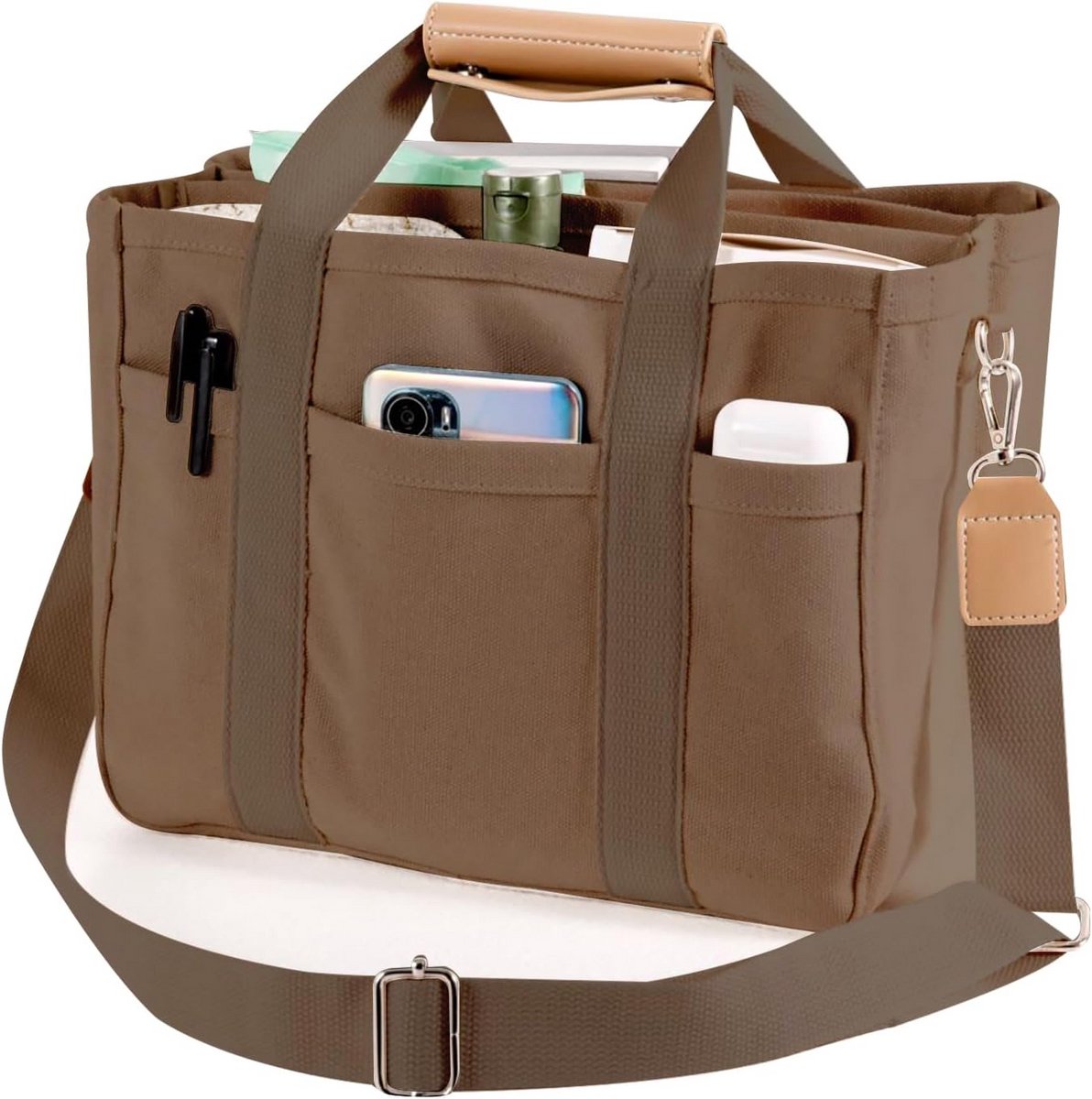 Grote Canvas Tote Bag voor Dames - Multi Pocket Schoudertas met Handvat