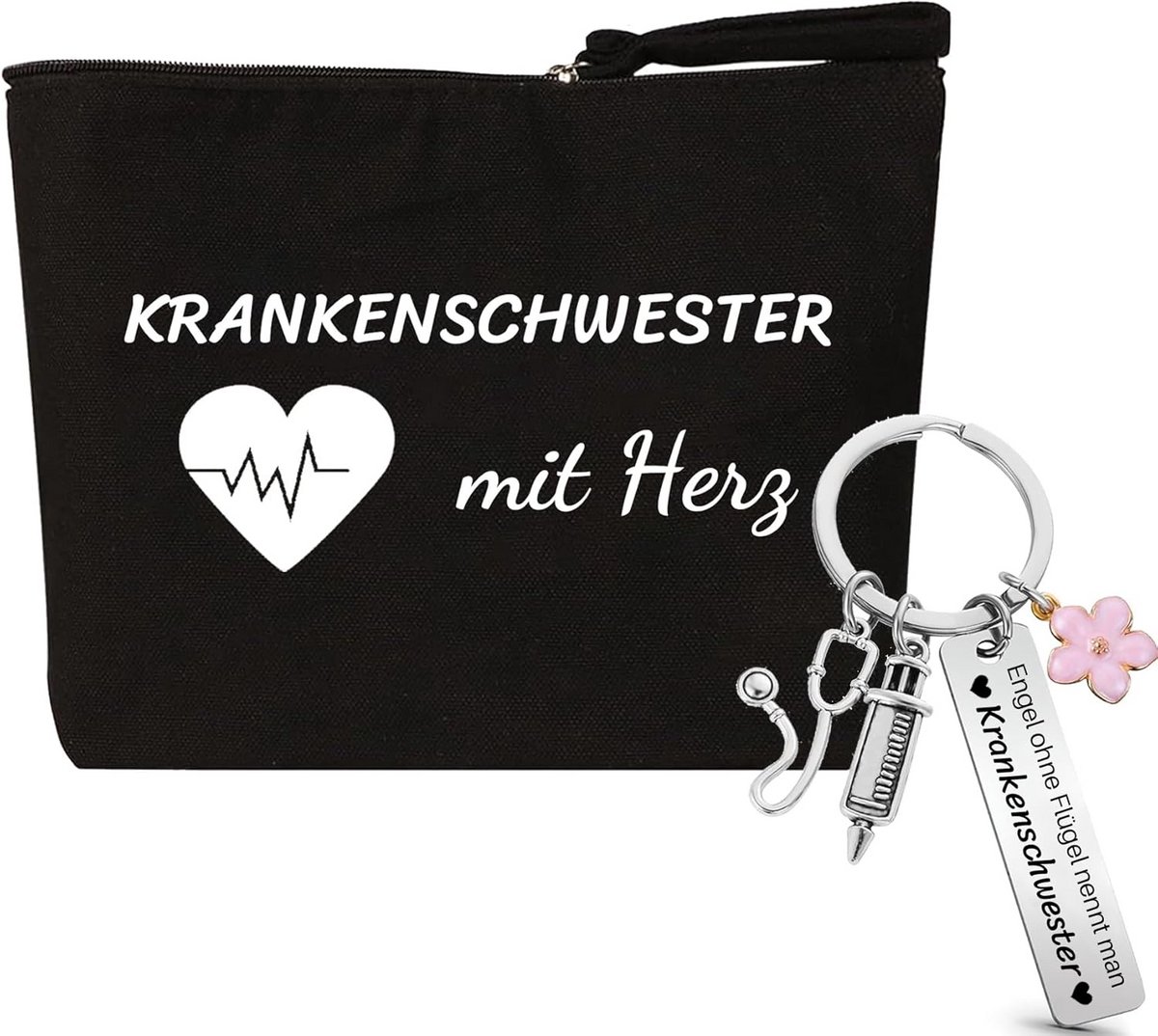 Verzorgende Cadeauset met Cosmetica Tasje en Sleutelhanger - Zwart