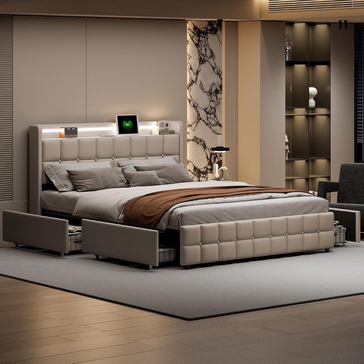 Tweepersoonsbed 180x200 cm met Opbergruimte, LED-Verlichting en USB-Poorten