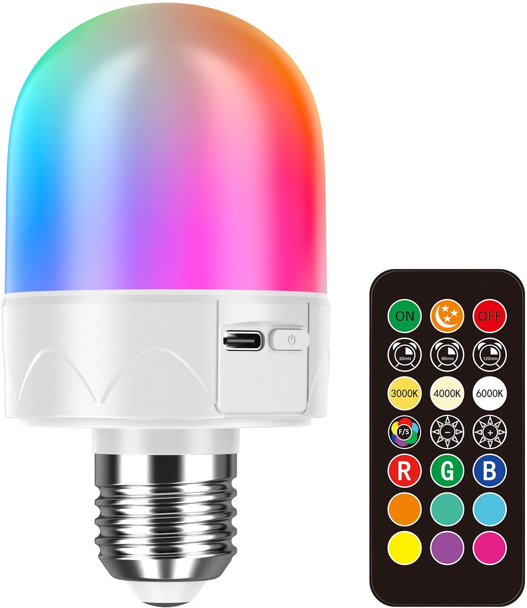 ZVD Oplaadbare LED-lamp met afstandsbediening (set van 1) – Inclusief E27-fitting & magnetische houder – Ondersteunt dimmen & 9-kleurige RGB – Oplaadbare lamp – Ook te gebruiken als nachtlamp – Voorzien van timer (3 standen) & geheugenfunctie