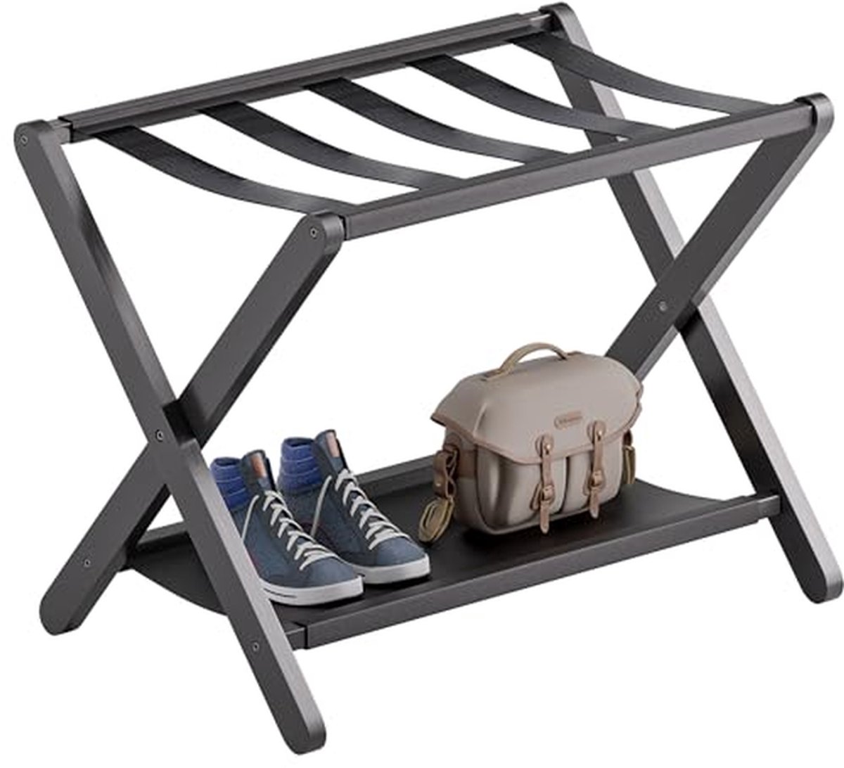 Vouwbaar Bagagerek met Opslag, Bamboe Luggage Stand voor Hotel en Gastenkamer