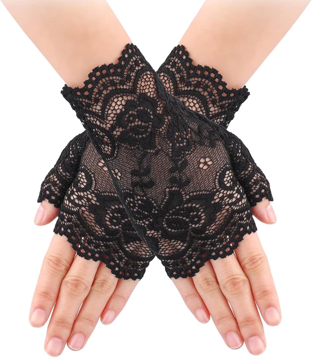 Dailygoods - Dames Kanten Vingerloze Handschoenen - Elegant Accessoire - Zwart en Wit - Perfect voor Feest en Cosplay - Korte Kanten Handschoenen - Id