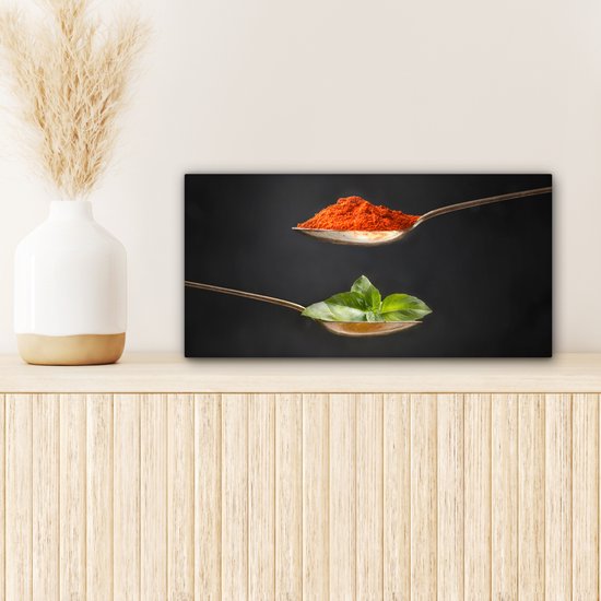 Canvas schilderij 40x20 cm - Wanddecoratie Kruiden - Lepel - Specerijen - Zwart - Italiaans - Muurdecoratie accessoires - Keuken decoratie muur - Schilderijen op canvas