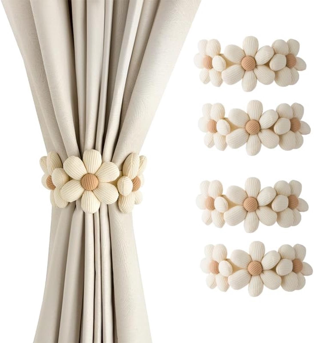 longziming -Gordijn Ophouder - Raamdecoratie Tieback - Boho Gordijnhaak - Verstelbare Lengte 45 Cm - Natuurlijk Katoen En Linnen - Bloemvormig Design - Voor Binnen En Buiten Ruimtes - 4 Stuks