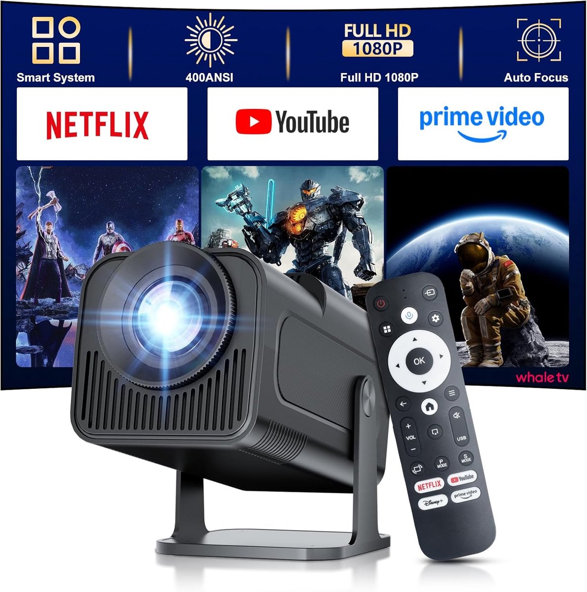 Mini Beamer Full HD 1080p - Smart Projector met WiFi 6, Bluetooth 5.3 en Auto Keystone