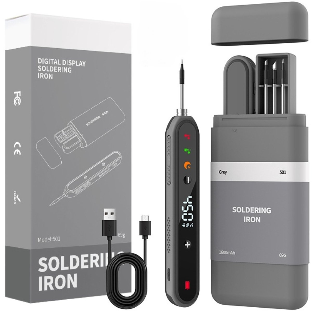 carmdering - Soldeerbout - Draadloze Soldeerbout - Oplaadbare Soldeerbout - 1400 mAh, USB-C, 180-450°C, 90 min gebruik - Met 3 soldeerbouten, soldeertin, vloeimiddel, houder - Incl. opbergkoffer - Voor thuis, DIY en hobby - Grijs