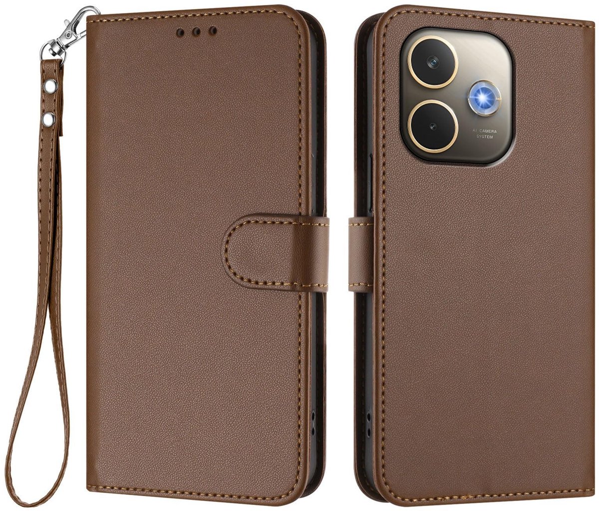 Dailygoods - Leren Hoesje voor Telefoon met Portemonnee Cover en Handkoord - Bruin