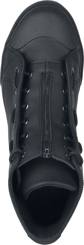 Zwarte hoge sneaker met ritssluiting, veters en rubberen neus.