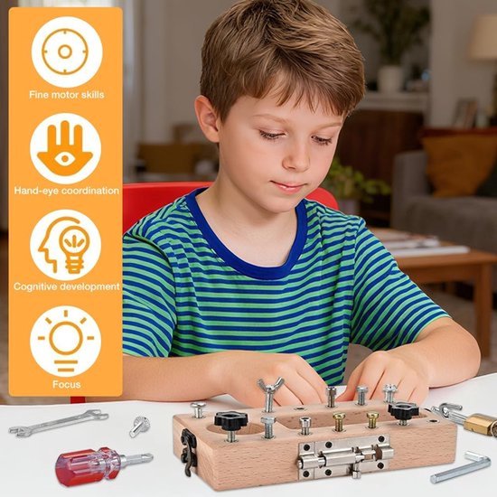 Montessori speelgoedgereedschapskist - Houten schroefbord, bezigheidsbord, schroevendraaierbord, educatief speelgoed - Rollenspel gereedschapskist cadeaus voor meisjes en jongens — afbeelding 4