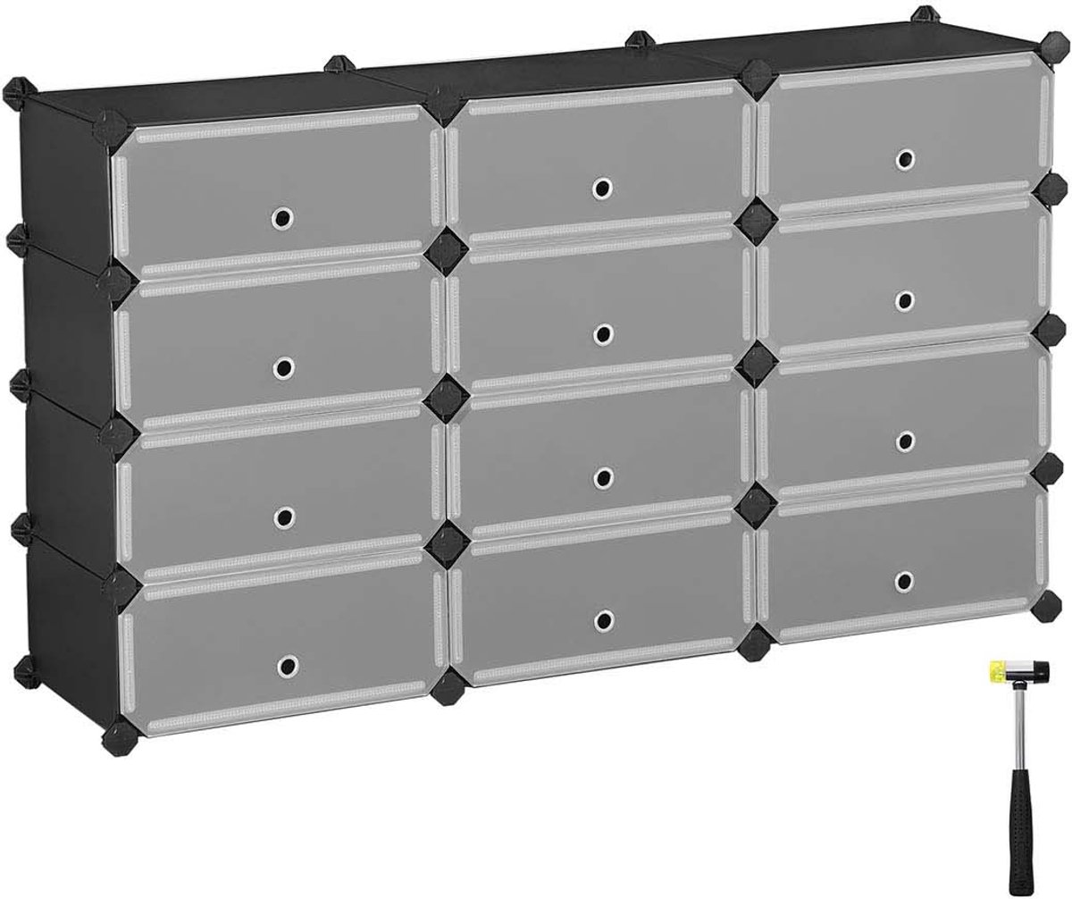 Modulair Schoenenrek Opbergrek 12-vaks modulair DIY-ontwerp 83 × 31 × 105 cm Zwart Metalen draadframe Met anti-kantelontwerp Stapelbaar Eenvoudig te demonteren monteren en reinigen Geschikt voor slaapkamer hal en kledingkast