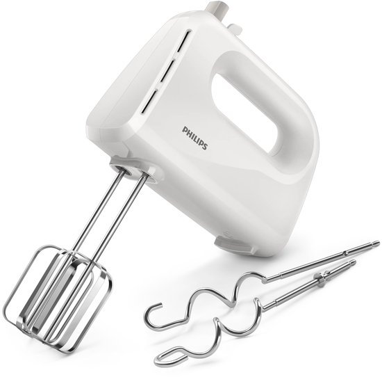 Witte Philips handmixer met RVS garde en twee metalen deeghaken ernaast.
