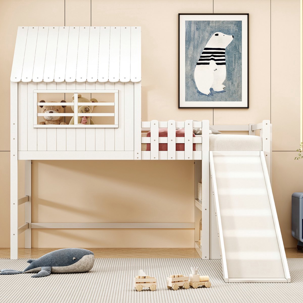 VVBV Hoogslaper 90x200 / Hoogslaper met glijbaan / Kinder hoogslaper – Wit – met Opbergruimte, Veiligheidshek, Ladder – Massief Hout Wit bedframe met glijbaan