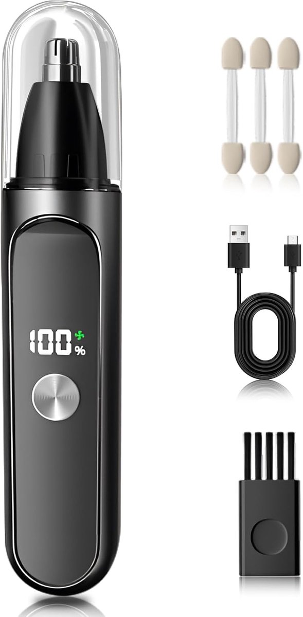 Neushaartrimmer voor mannen, oplaadbaar via USB, LED-display, dubbele roterende messen van roestvrij staal, unisex (zilver).