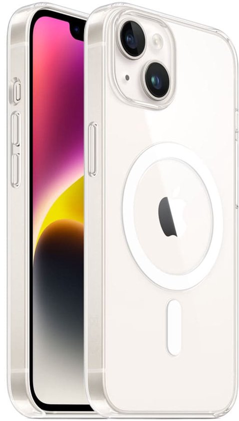 Transparant iPhone 14 hoesje met MagSafe, op de voorgrond van een lichte achtergrond.