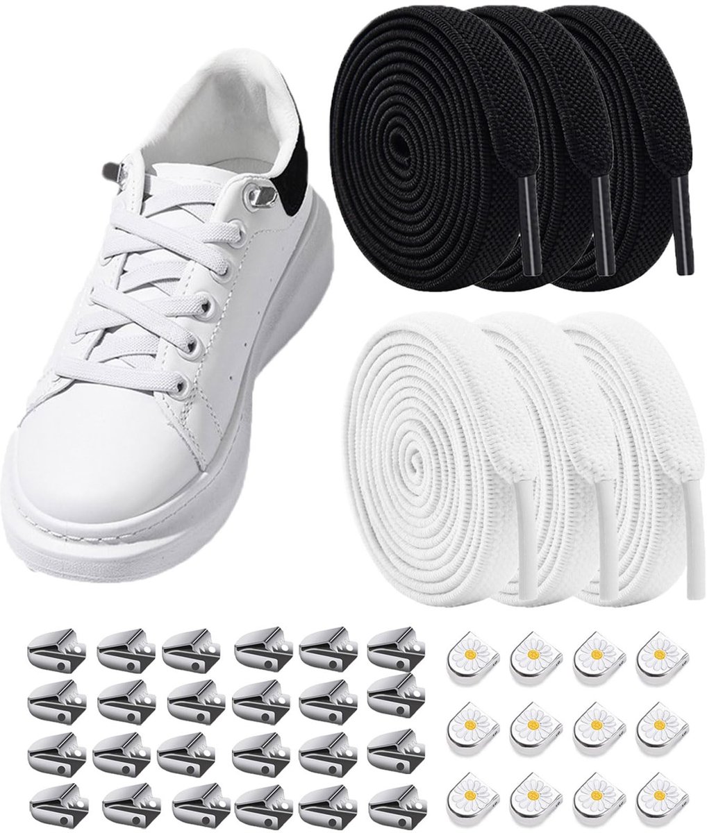 Dailygoods - Dailygoody - Elastische Schoenveters zonder Strikken - Universeel en Aanpasbaar - Duurzaam en sterk - 100 cm lengte - Wit en Zwart - Perfect voor snea