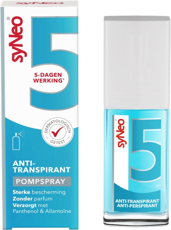 SyNeo 5 anti-transpirant pompspray in blauwe fles met witte dop. Doos is wit en blauw met '5-DAGEN WERKING' en 'ANTI-TRANSPIRANT POMPSPAY'.