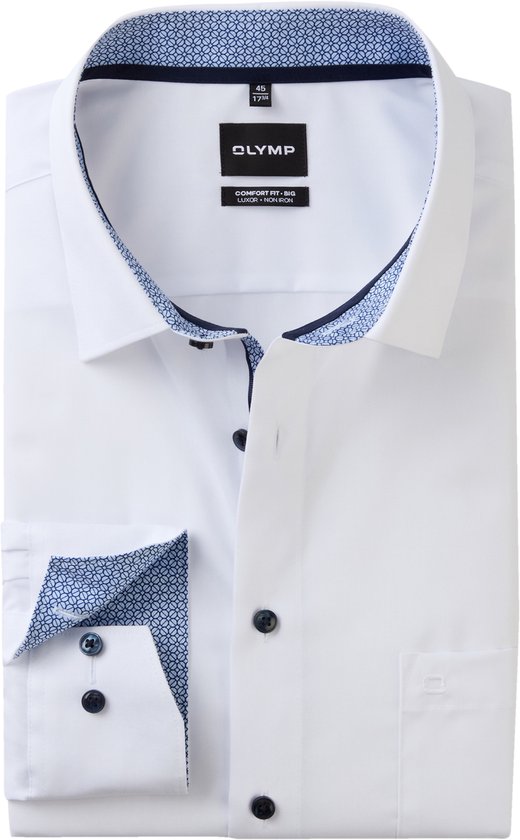 Gevouwen witte OLYMP overhemd met blauw patroon aan de binnenkant van de kraag en manchetten. Donkere knopen.