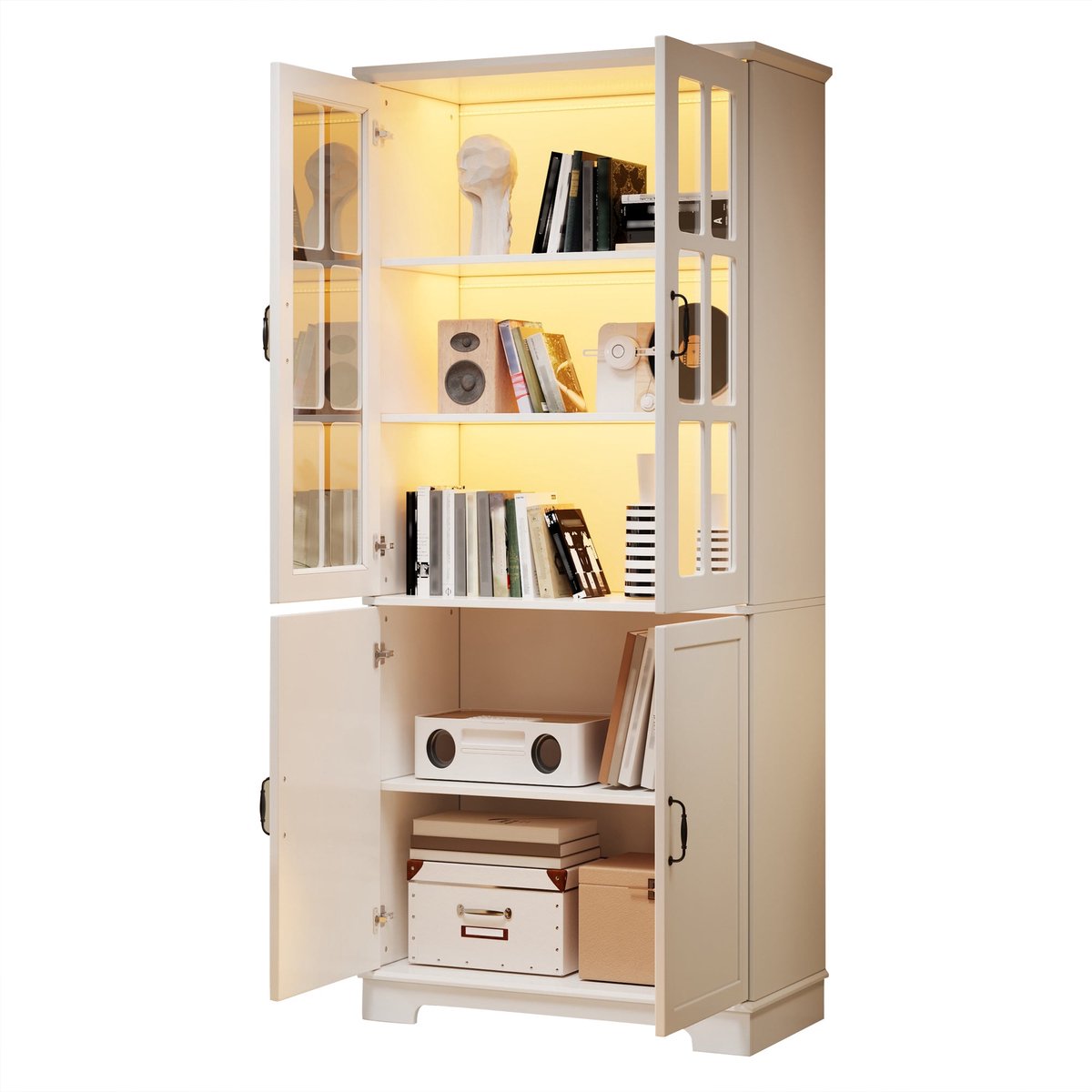 Merax Vitrinekast Wit - Hoge Kast met Glasdeuren en Legplanken - Boekenkast Opbergkast Landelijke Stijl - 80x38x180 cm