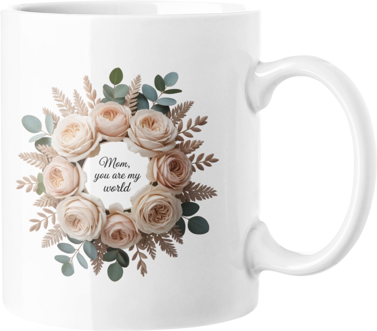 Mama, Jij Bent Mijn Wereld Koffiemok - Bloemen Roos & Eucalyptus Design - Moederdag Cadeau