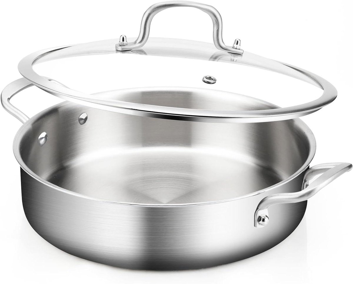 Roestvrijstalen Koekenpan - Sauté Pan - Gelijkmatig Koken - Tri-Ply Constructie - 5 Liter - Zilver