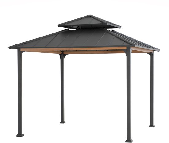Gazebo luxe tuinpaviljoen in antraciet met hard-top hip-roof dak en creme vitrage netting 366 x 305cm
