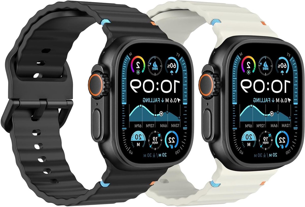 2 Stuks Sportband voor Apple Watch Ultra 2/Ultra 49mm, S10 46mm, 9/8/7 45mm, SE2/SE/6/5/4 44mm, 3/2/1 42mm, Verstelbare Ademende Vervangband, Zwart/Wit