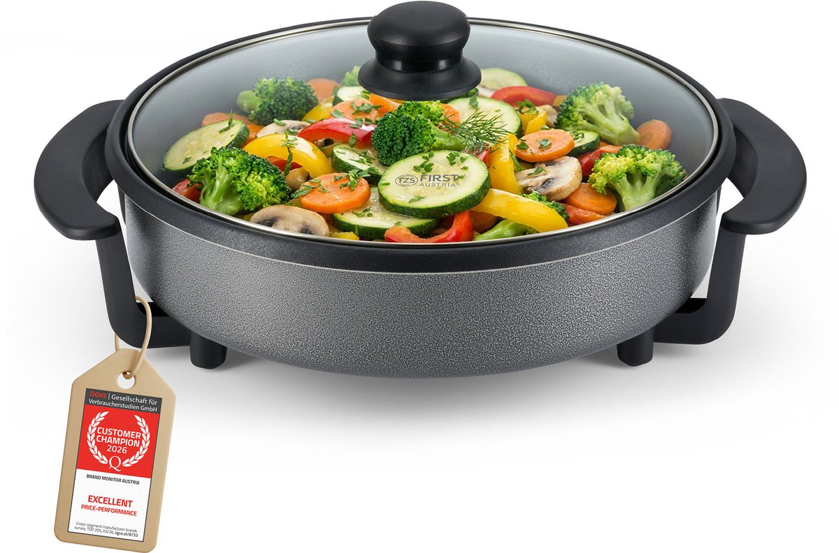 TZS First Austria - Elektrische hapjespan 1,8L - 1500W - Ø40cm Deksel - Maximale temperatuur 240⁰ C - Indicatie lampje - Zwart