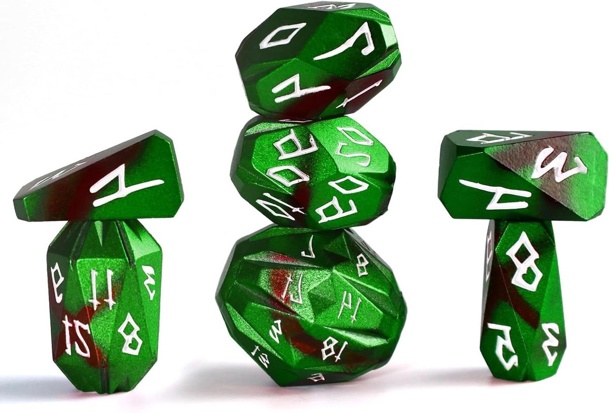 Metalen DND Dobbelstenen - RPG Dobbelstenen Set - Tafelspel Spelen - Uniek Steen-geïnspireerd - 7-delige Set - Zwart Groen