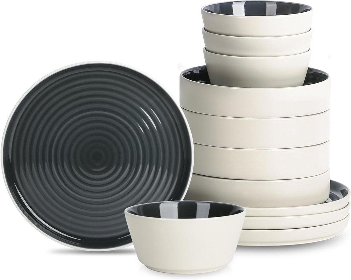 Aardewerk Servies Set - Diner Servies - Tafel Dekken - Moderne Stijl - 12 Delig - Zwart Beige