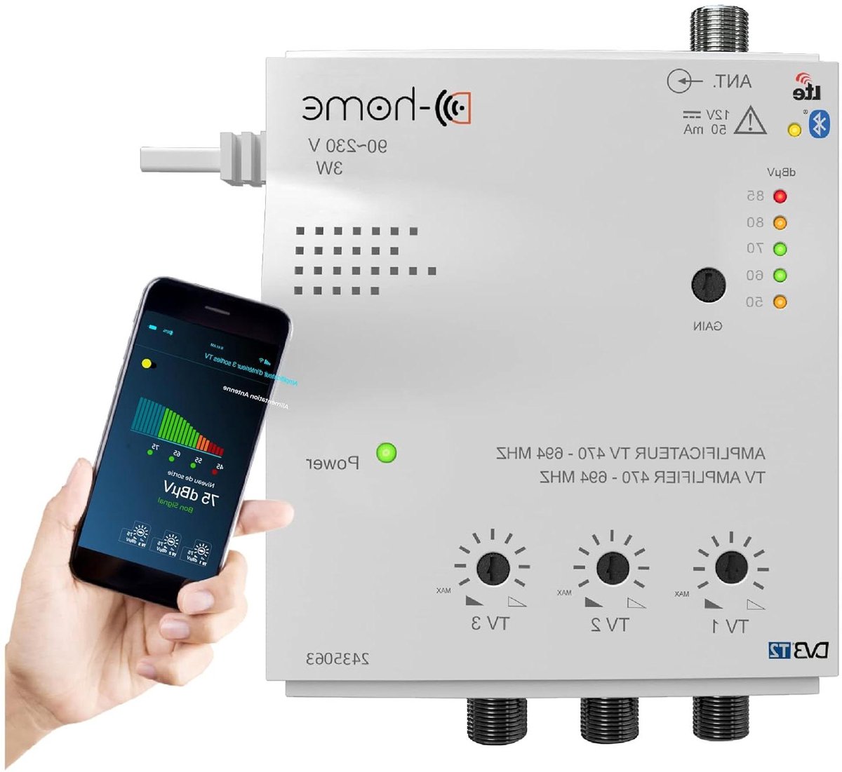 TV Versterker Binnen - Signaalversterker Antenne - Betere TV Ontvangst - Gratis TV Finder App - 3 Uitgangen - Wit