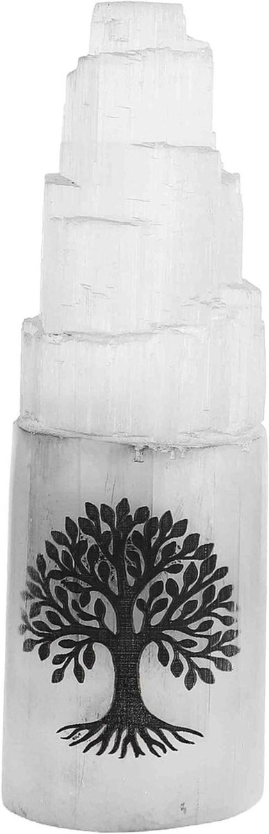 Seleniet Toren - Energie Kristal - Ruimte Reinigen - Levensboom Gravure - 25 cm Hoog - Wit