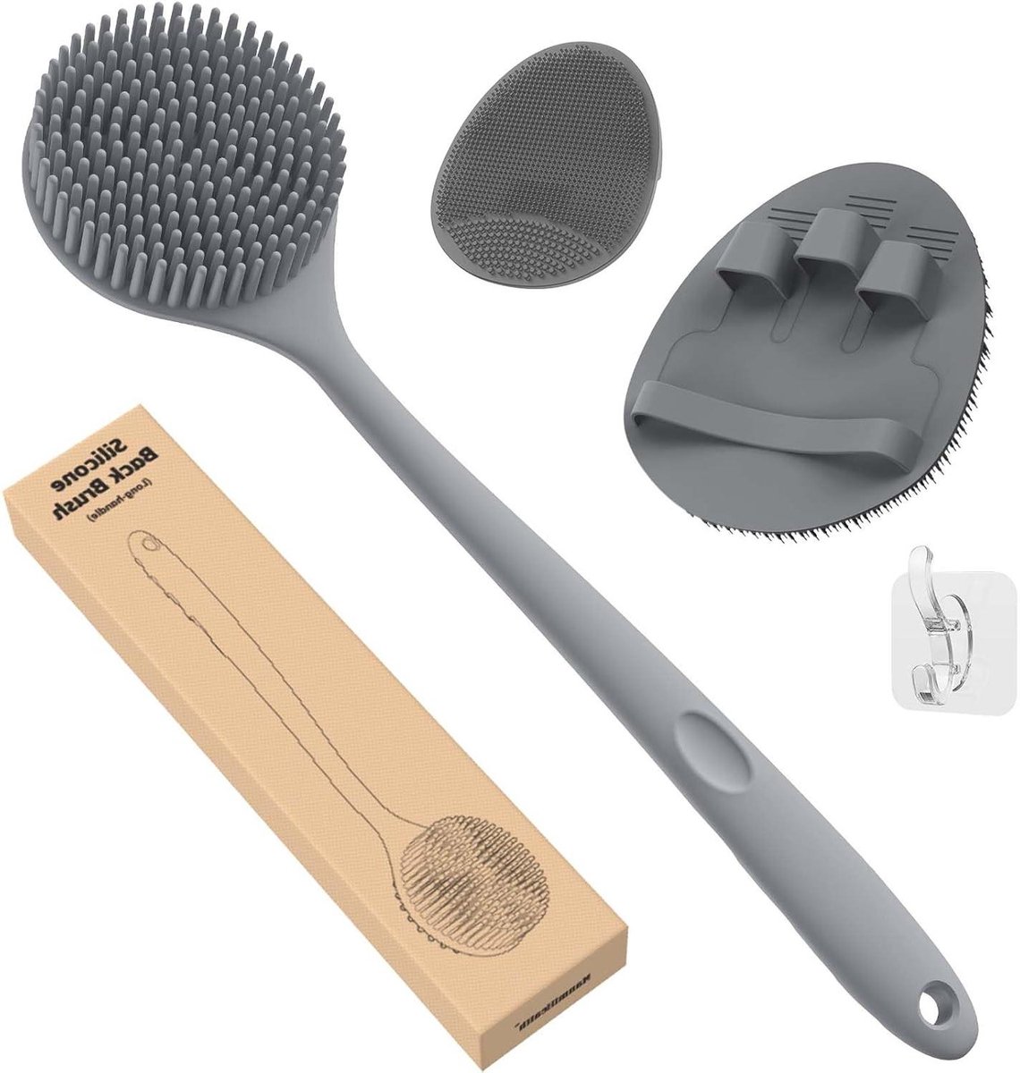Siliconen Rugschrobber Set - Badborstel Handschoen - Huid Reinigen - Dubbelzijdige Borstels - 15 inch Handvat - Grijs