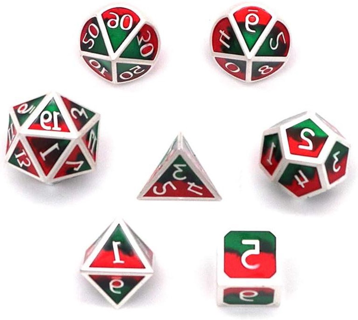 Metalen Dobbelstenen Set - Polyedrische Kubussen - Rollenspellen Spelen - Zinklegering Materiaal - 7 Stuks - Rood Groen Mix