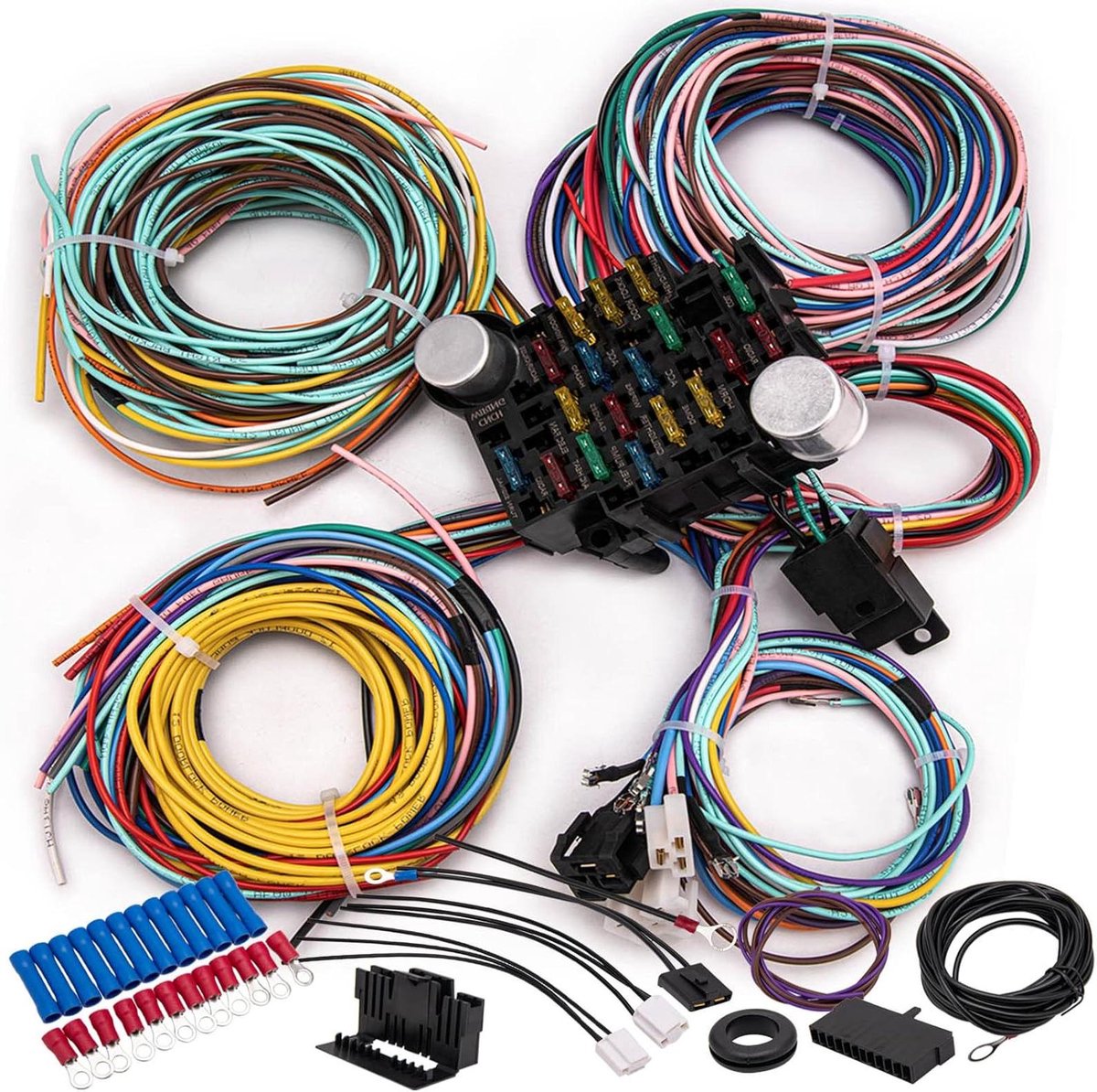 Universele Kabelboom Kit - Bedradingsset Auto - Hotrod Restyling - 21 Circuits Gecodeerd - Extra Lange Draden - Standaard Kleur