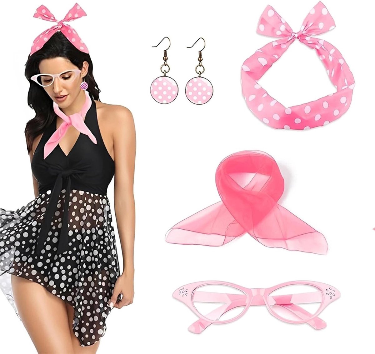 4 stuks jaren 50 kostuum accessoires voor retro themafeesten, sjaal, bril, polka dot oorbellen en hoofdband voor vrouwen en meisjes