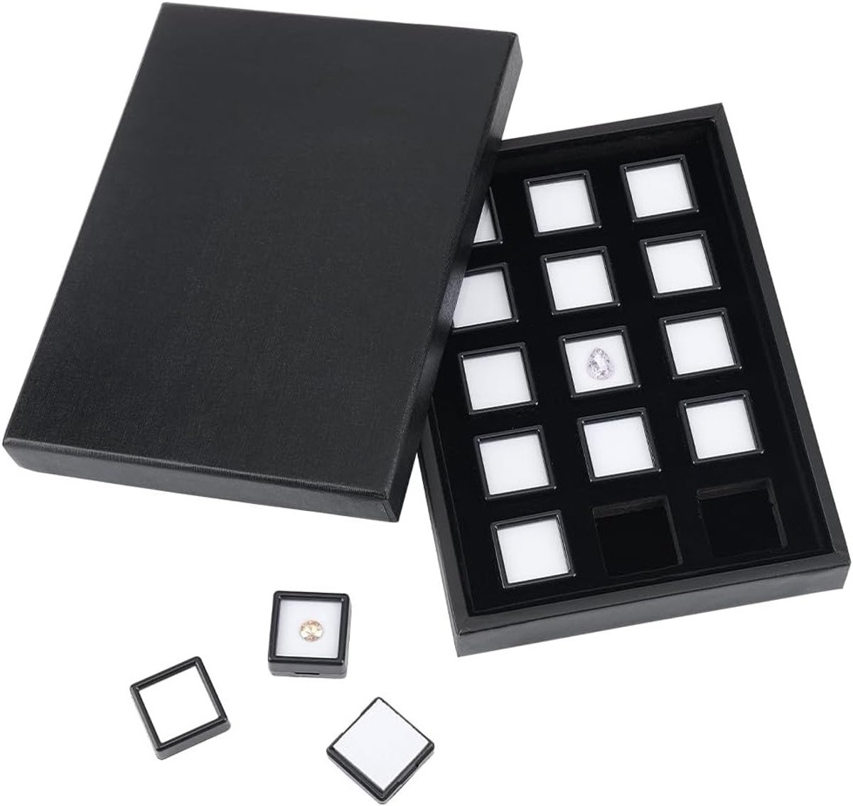 15 Stuks Displaydoos voor Edelstenen - Zwarte Diamant Juwelenopbergdoos met Papieren Organizer voor Geschenken en Verzamelobjecten, 2.7x1.5cm