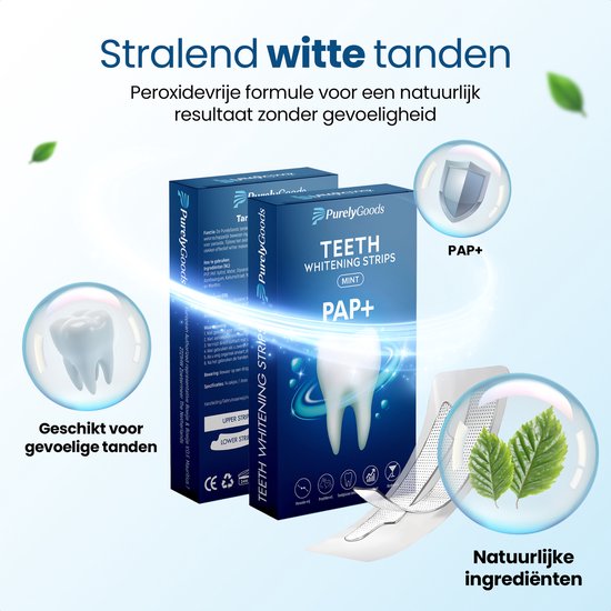 Twee dozen PurelyGoods tandenbleekstrips, PAP+, mintsmaak, met afbeelding van een tand, groene bladeren en icoontjes.