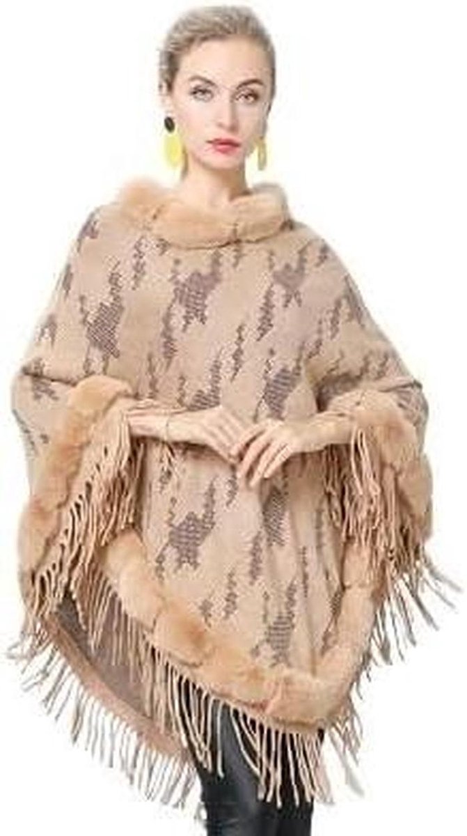 Dames Poncho Gebreid - Warme Sjaal - Warm Blijven - Elegante Print - One Size - Beige