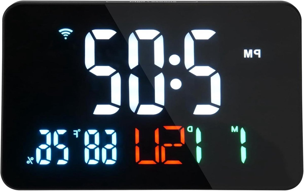 Digitale Wekker - WiFi Klok - Tijd Weergeven - Temperatuur Vochtigheid - 7.5 Inch - Zwart