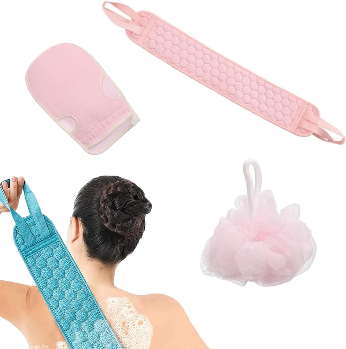 Badschrobber Set - Lichaam Exfoliator - Huid Reinigen - Dubbelzijdig Ontwerp - 1 Set - Roze