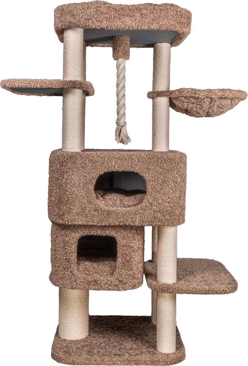Zoodis Ida 158 Krabpaal met 2 Kattenhuizen en Hangmat | Luxe Krabboom voor Katten | Sisal Krabpalen | Meerdere Ligplaatsen | Bruin