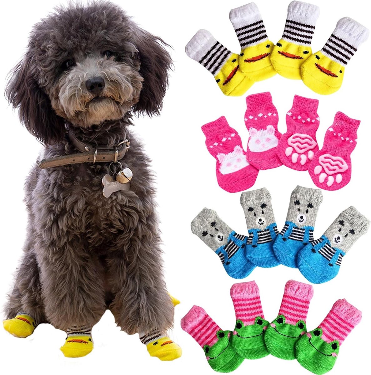 16 Stuks Antislip Hondensokken, Bescherming voor Pootjes, Grip Sokken voor Kleine Honden, Binnen en Buiten, Wintergebruik, Inclusief Leashes