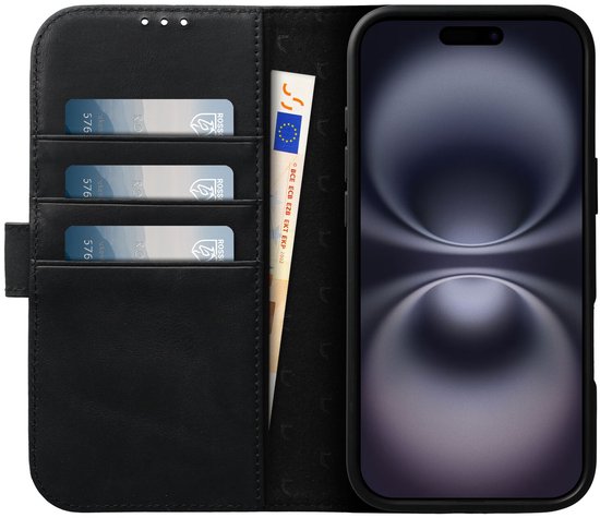 Zwarte lederen book case open met iPhone 16 erin, kaarthouders en geldvak zichtbaar.